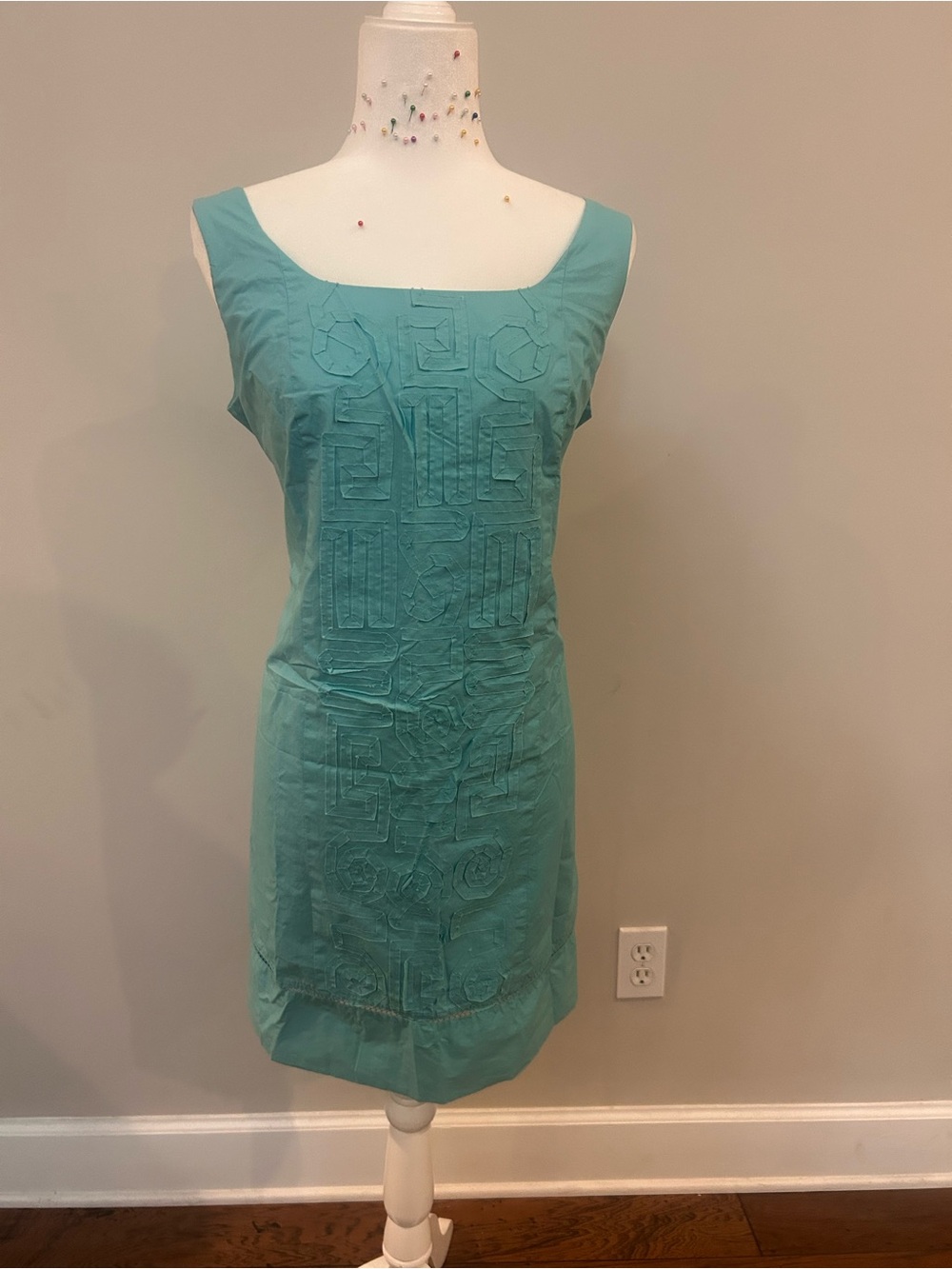 VINTAGE Etcetera 100% Cotton Teal Sleeveless Embroidered Midi Dress